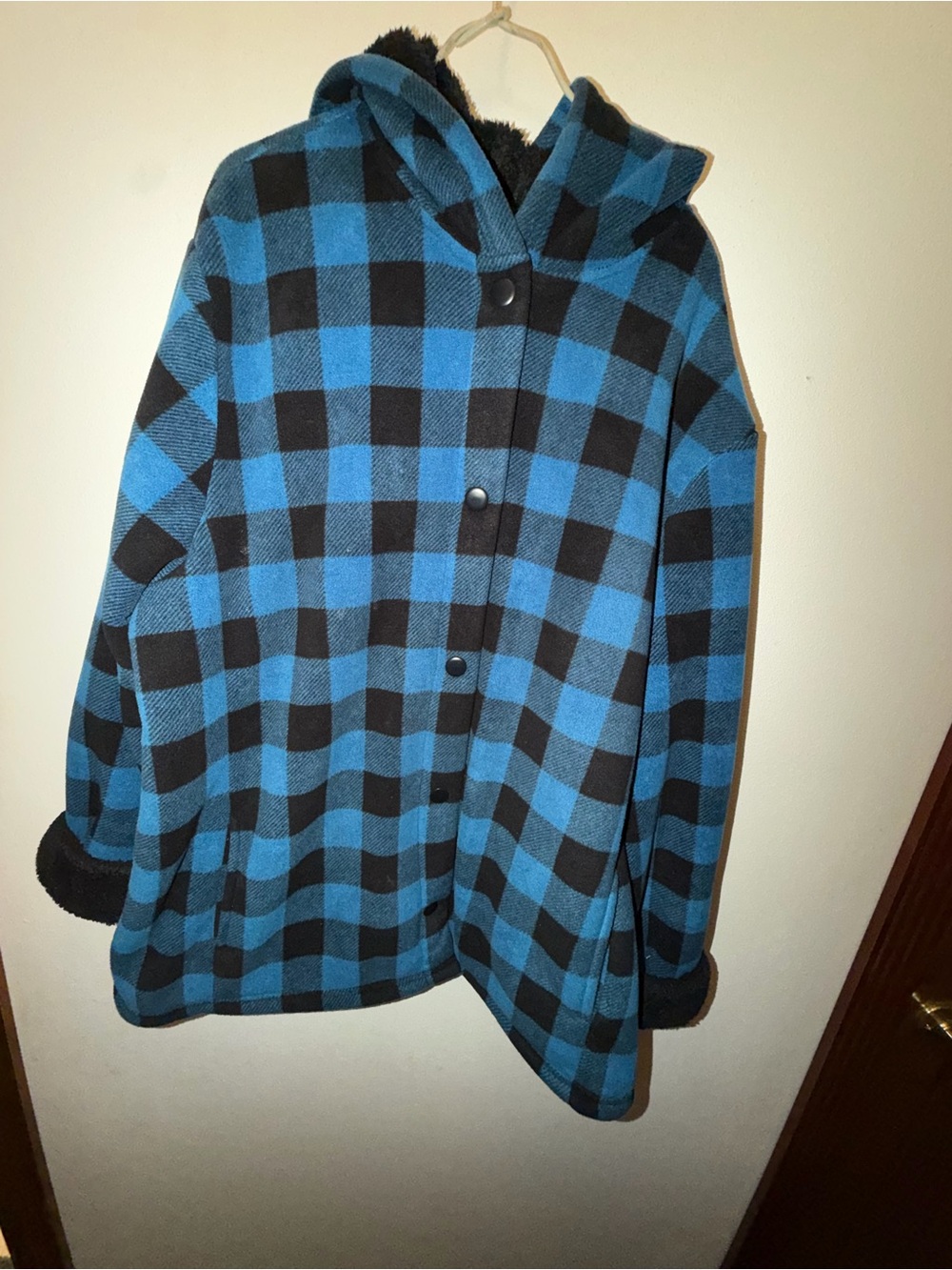 Cuddl Duds Blue and Black Plaid Hooded Pea Coat